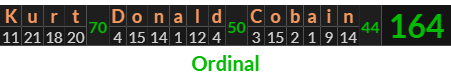 "Kurt Donald Cobain" = 164 (Ordinal)