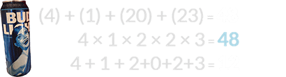 (4) + (1) + (20) + (23) = 48, 4 × 1 × 2 × 2 × 3 = 48, and 4 + 1 + 2+0+2+3 = 12