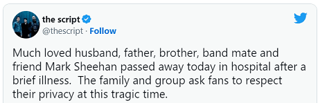 Much loved husband, father, brother, band mate and friend Mark Sheehan passed away today in hospital after a brief illness. The family and group ask fans to respect their privacy at this tragic time.