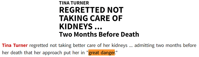 TINA TURNER REGRETTED NOT TAKING CARE OF KIDNEYS ... Two Months Before Death