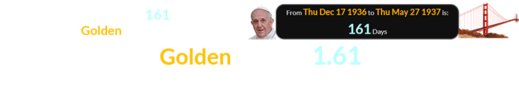 Pope Francis was born 161 days before the Golden Gate Bridge opened. The Golden Ratio is 1.61...