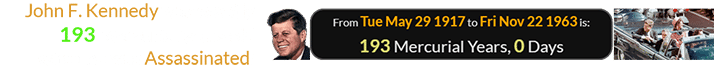 John F. Kennedy was exactly 193 Mercurial years old when he was Assassinated: