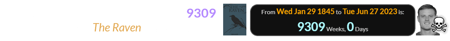 Ryan Mallett died a span of exactly 9309 weeks after The Raven was published: