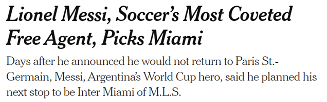 Lionel Messi, Soccer’s Most Coveted Free Agent, Picks Miami Days after he announced he would not return to Paris St.-Germain, Messi, Argentina’s World Cup hero, said he planned his next stop to be Inter Miami of M.L.S.