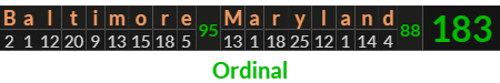 "Baltimore Maryland" = 183 (Ordinal)