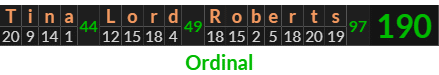 "Tina Lord Roberts" = 190 (Ordinal)