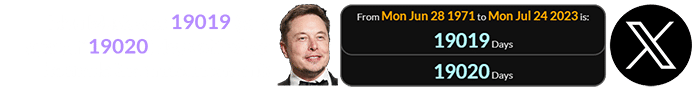 Elon Musk was 19019 (or a span of 19020) days old when he made the announcement: