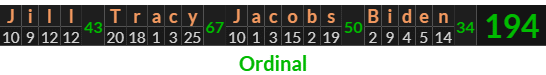 "Jill Tracy Jacobs Biden" = 194 (Ordinal)