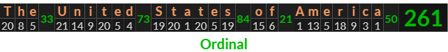 "The United States of America" = 261 (Ordinal)