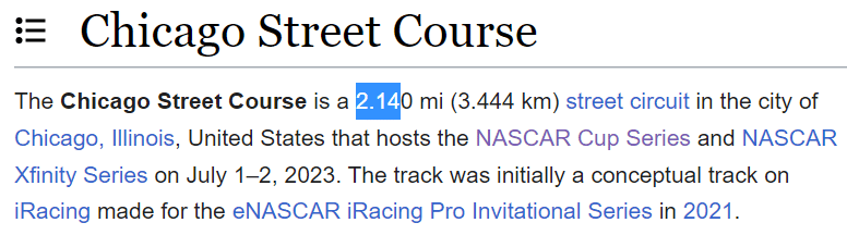 The Chicago Street Course is a 2.140 mi (3.444 km) street circuit in the city of Chicago, Illinois, United States that hosts the NASCAR Cup Series and NASCAR Xfinity Series on July 1–2, 2023. The track was initially a conceptual track on iRacing made for the eNASCAR iRacing Pro Invitational Series in 2021.