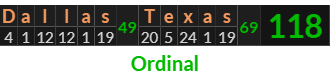 "Dallas Texas" = 118 (Ordinal)