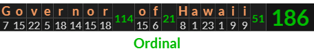 "Governor of Hawaii" = 186 (Ordinal)