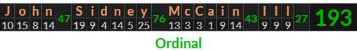 "John Sidney McCain III" = 193 (Ordinal)