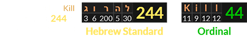 The word for Kill sums to 244 in Hebrew Standard and Kill = 44 Ordinal