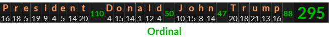 "President Donald John Trump" = 295 (Ordinal)