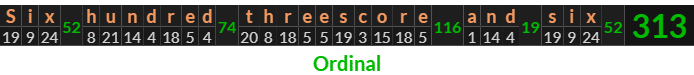 "Six hundred threescore and six" = 313 (Ordinal)