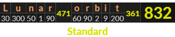 "Lunar orbit" = 832 (Standard)