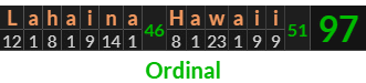 "Lahaina Hawaii" = 97 (Ordinal)