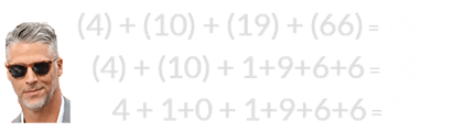 (4) + (10) + (19) + (66) = 99, (4) + (10) + 1+9+6+6 = 36, and 4 + 1+0 + 1+9+6+6 = 27