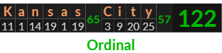 "Kansas City" = 122 (Ordinal)