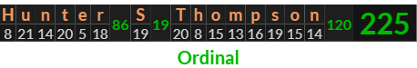 "Hunter S Thompson" = 225 (Ordinal)