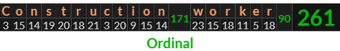 "Construction worker" = 261 (Ordinal)