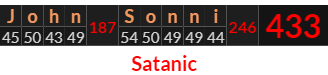 "John Sonni" = 433 (Satanic)