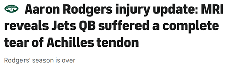 Aaron Rodgers injury update: MRI reveals Jets QB suffered a complete tear of Achilles tendon Rodgers' season is over