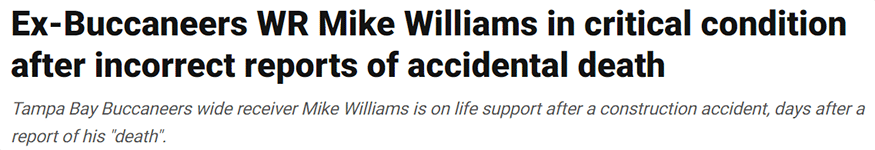 Ex-Buccaneers WR Mike Williams in critical condition after incorrect reports of accidental death