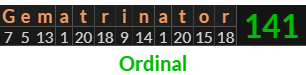 "Gematrinator" = 141 (Ordinal)