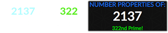2137 is the 322nd Prime number: