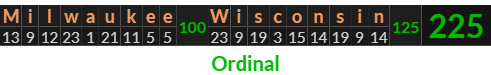 "Milwaukee Wisconsin" = 225 (Ordinal)