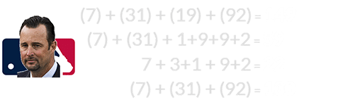 (7) + (31) + (19) + (92) = 149, (7) + (31) + 1+9+9+2 = 59, (7) + (31) + (92) = 130, and 7 + 3+1 + 9+2 = 22