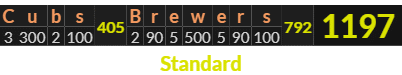 "Cubs Brewers" = 1197 (Standard)