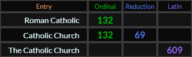 Roman Catholic = 132, Catholic Church = 132 and 69, The Catholic Church = 609