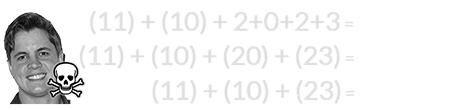 (11) + (10) + 2+0+2+3 = 28, (11) + (10) + (23) = 44, and (11) + (10) + (20) + (23) = 64
