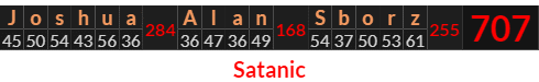 "Joshua Alan Sborz" = 707 (Satanic)