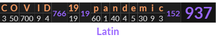 "COVID 19 pandemic" = 937 (Latin)
