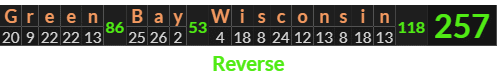 "Green Bay Wisconsin" = 257 (Reverse)