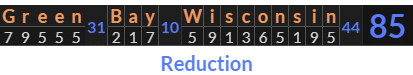 "Green Bay Wisconsin" = 85 (Reduction)