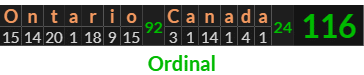 "Ontario Canada" = 116 (Ordinal)