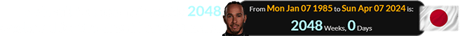 Lewis will be a span of exactly 2048 weeks old for the Grand Prix at Suzuka: