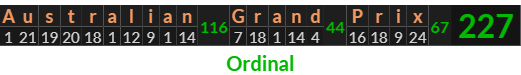 "Australian Grand Prix" = 227 (Ordinal)