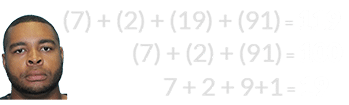 (7) + (2) + (19) + (91) = 119, (7) + (2) + (91) = 100, and 7 + 2 + 9+1 = 19