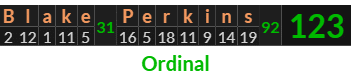 "Blake Perkins" = 123 (Ordinal)