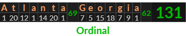 "Atlanta Georgia" = 131 (Ordinal)