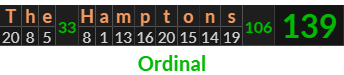 "The Hamptons" = 139 (Ordinal)