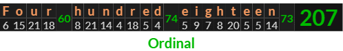 "Four hundred eighteen" = 207 (Ordinal)