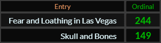 In Ordinal, Fear and Loathing in Las Vegas = 244 and Skull and Bones = 149