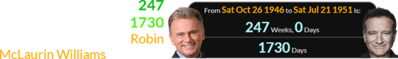 Pat Sajak was exactly 247 weeks (or a span of 1730 days) old when Robin McLaurin Williams was born: